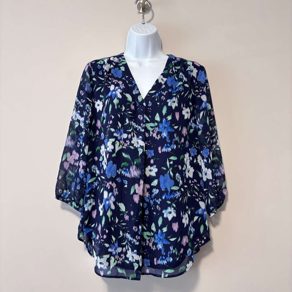 Jones New York Women's Petite Small Blue Floral-Print V-Neck 3/4-Sleeve Top NWT - Picture 3 of 5